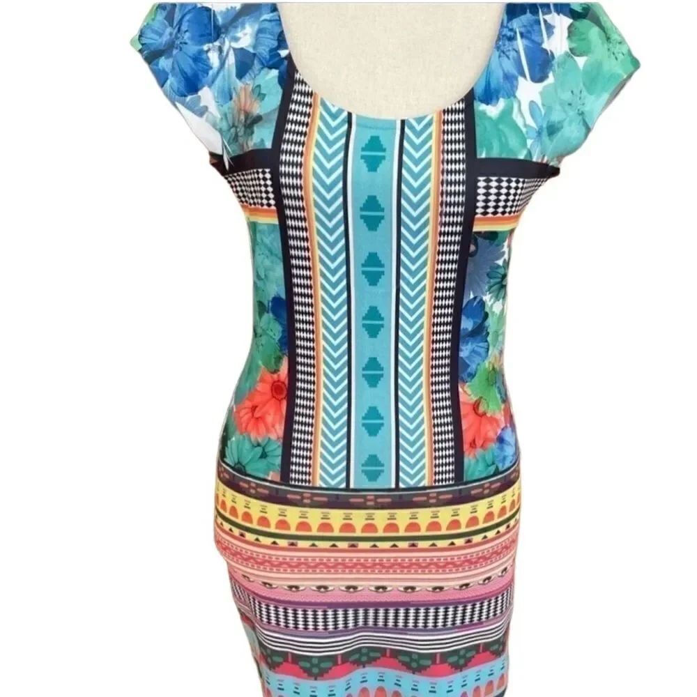 FIRE graphic floral keyhole back bodycon dress